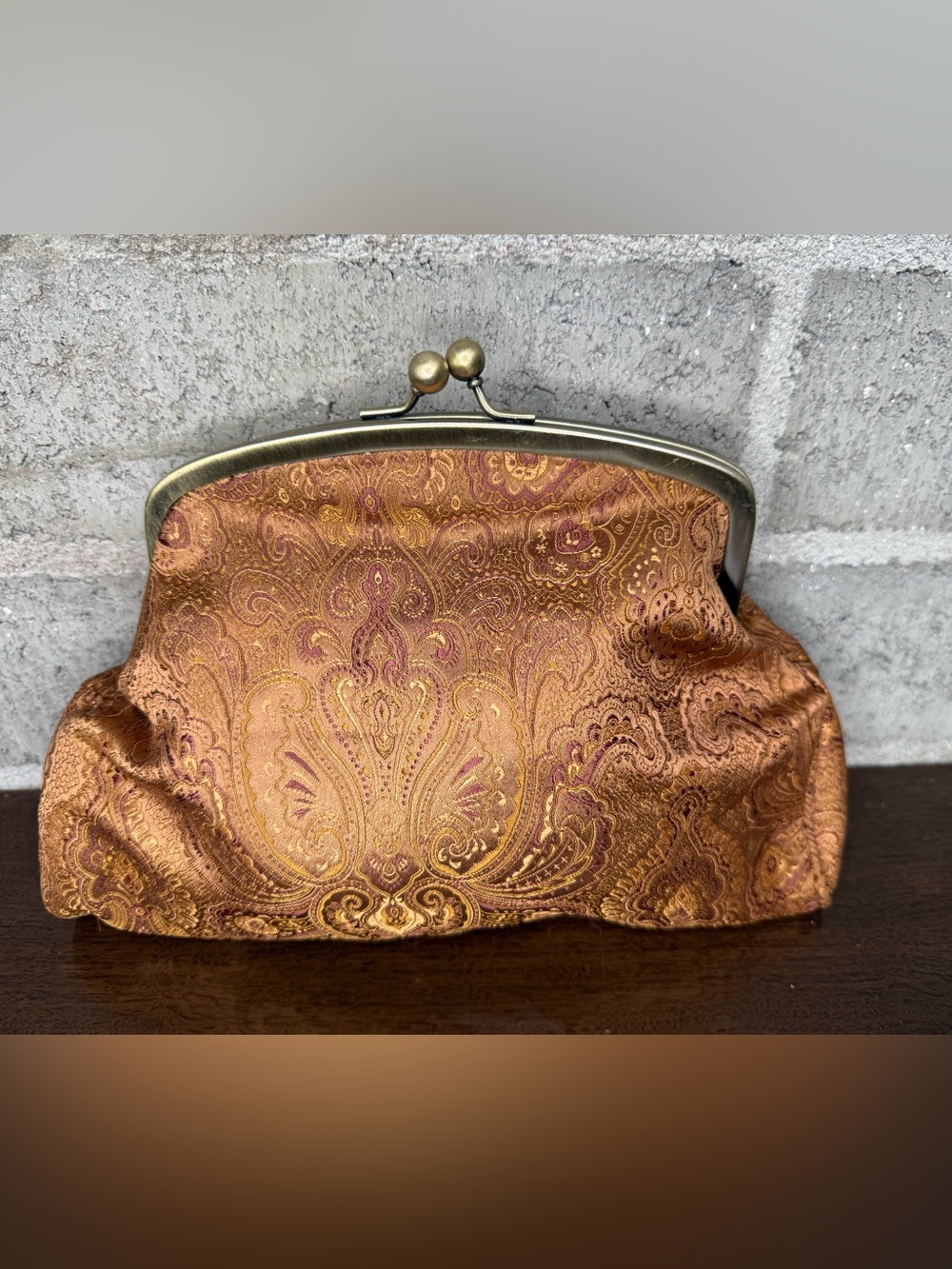 Brocade Paisley Evening Clutch Bag Gold Bronze Kiss Lock Frame 11”
